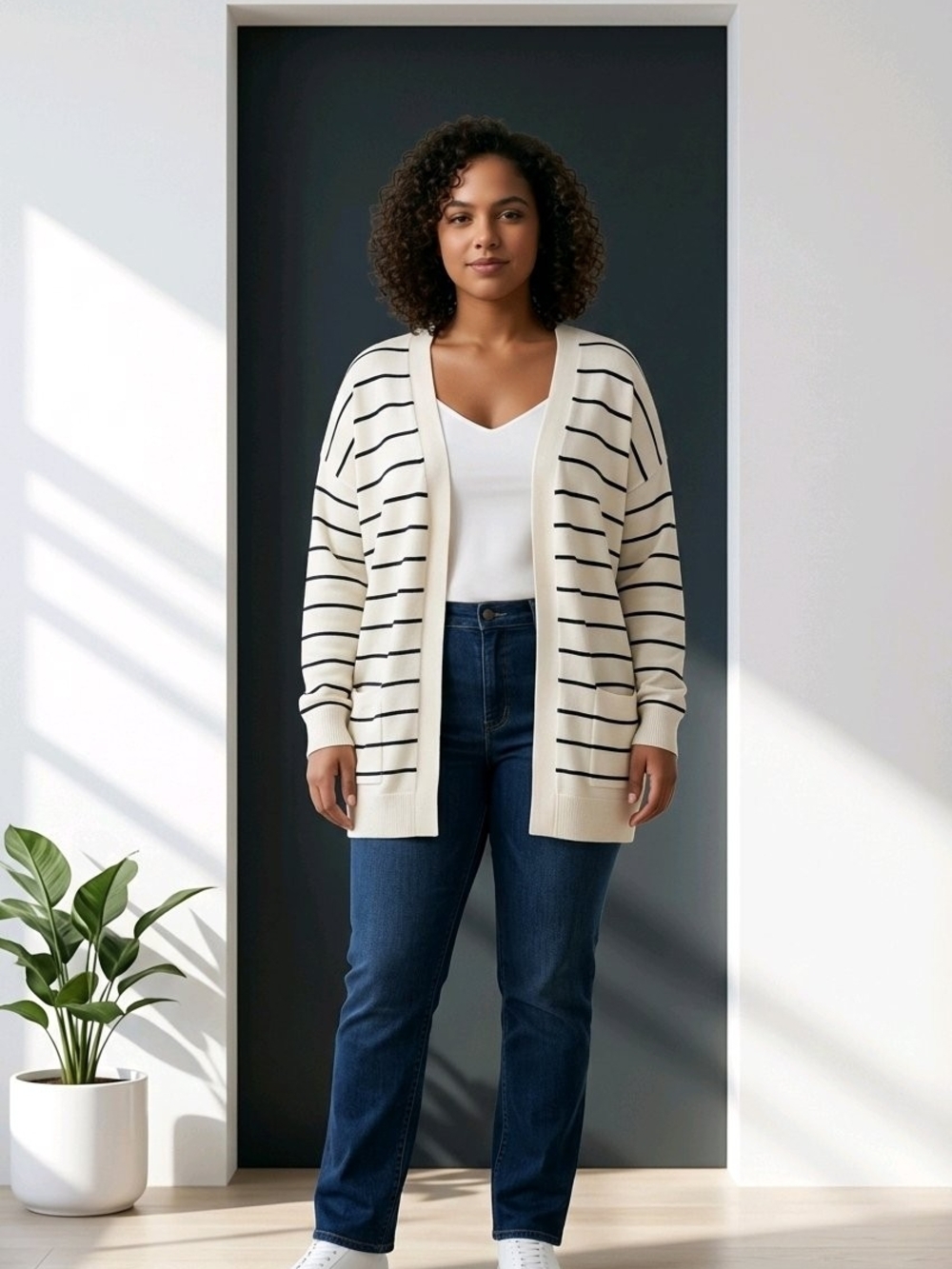 Jones New York Cream and Black Striped Open-Front Cardigan